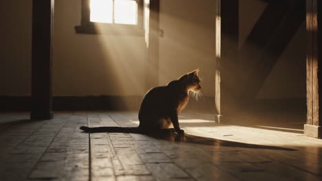 cat in a sunbeam-filled attic room
