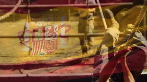 animation of flag of spain over diverse male soldiers during training