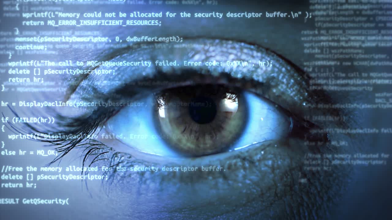 ojo de bucle 4k de hacker tecnología futurista macro toma de la animación de la interfaz holográfica del ojo humano.