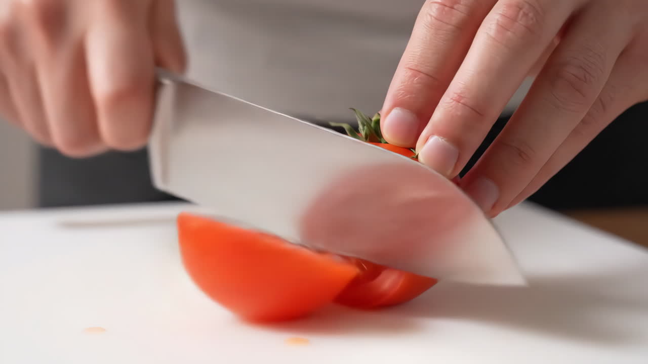 Slicing a Fresh Tomato on a Cutting Board