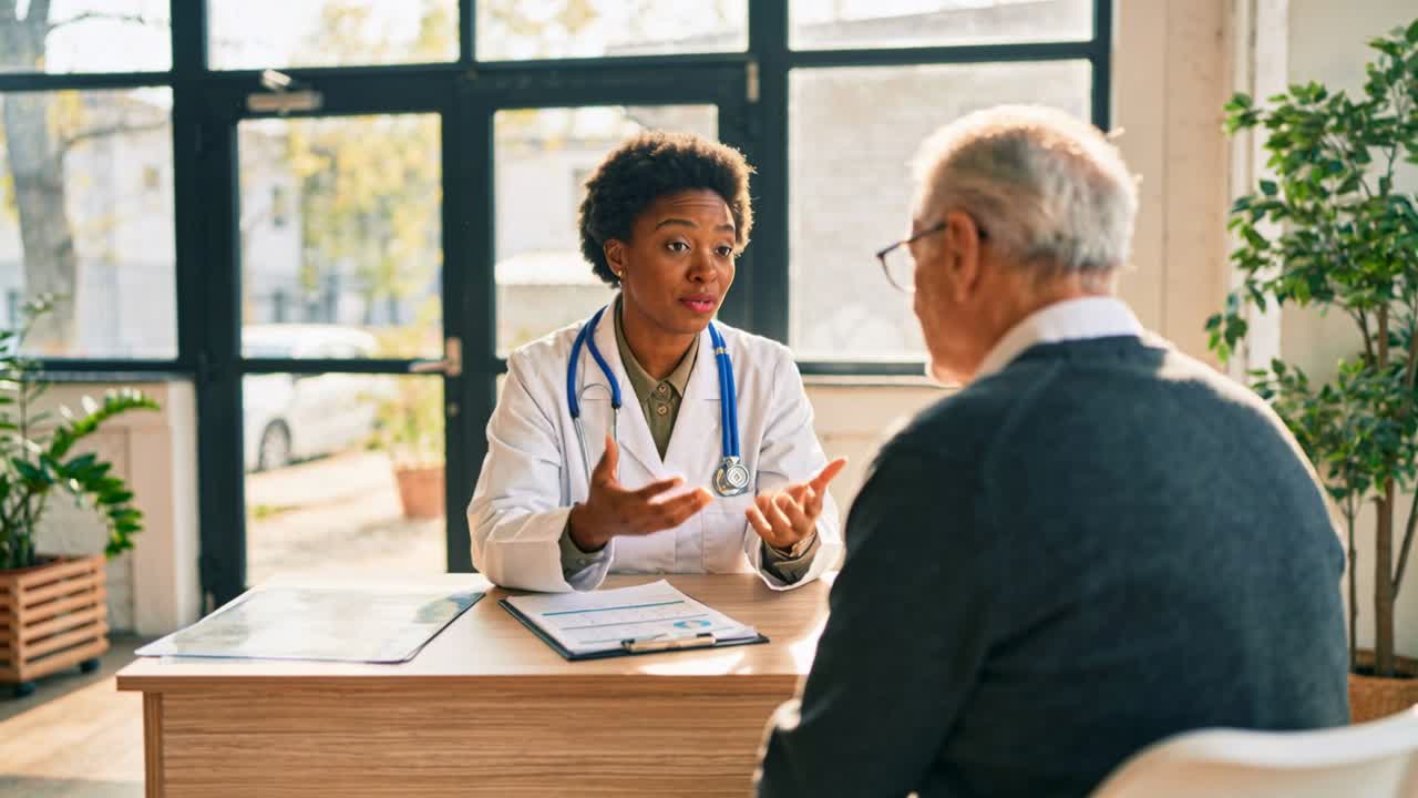 Beginning speech, doctor in lab coat explaining forms at office desk, clipboard visible