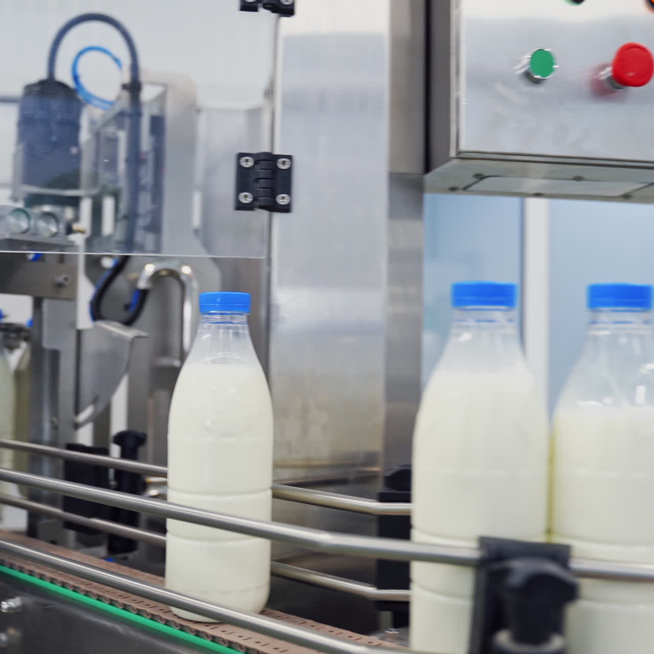 Dairy industry in the robotic plant indoors. Bottles with milk moving on a conveyor line. Modern technology of producing dairy products.