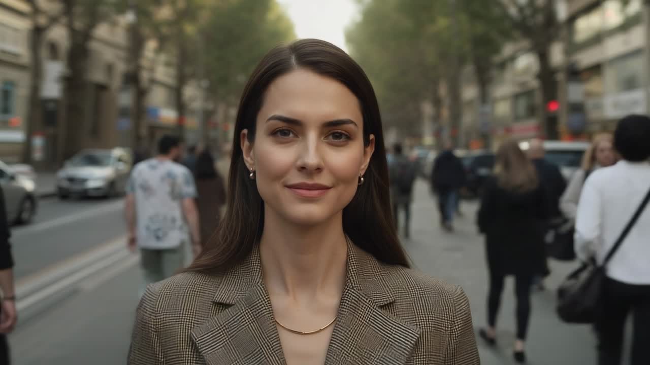 Donna che cammina con blazer a quadri e catena d'oro lungo un viale alberato, la telecamera si stringe, sorridendo.
