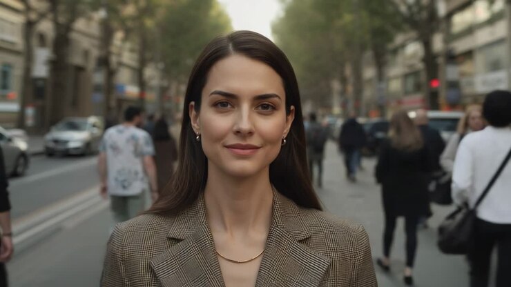 Donna che cammina con blazer a quadri e catena d'oro lungo un viale alberato, la telecamera si stringe, sorridendo.