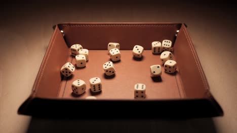 a handful of white dice falling into a dice tray