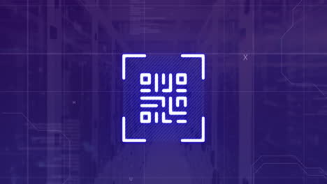 animación del escáner de código qr de neón y procesamiento de datos contra la sala de servidores de computadora