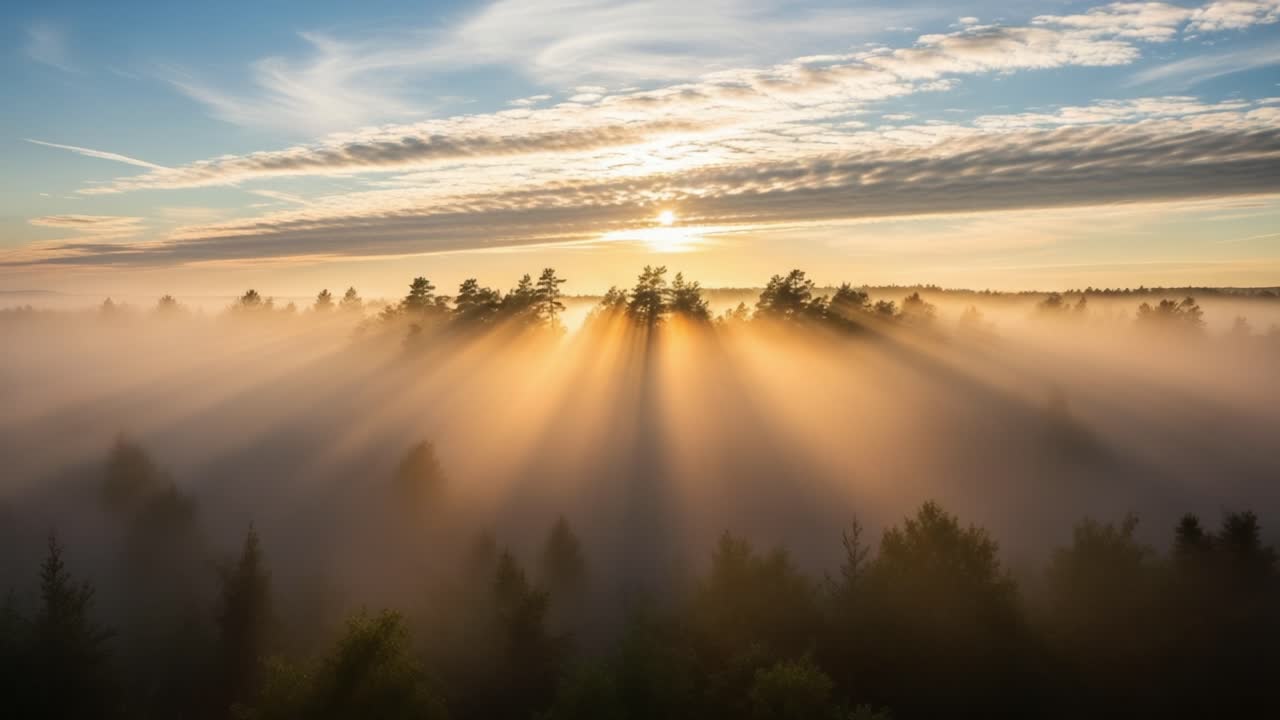 Breathtaking Sunrise Over a Misty Forest: Golden Rays Illuminating Treetops Amidst Gentle Fog and Soft Clouds Creating a Serene Atmosphere