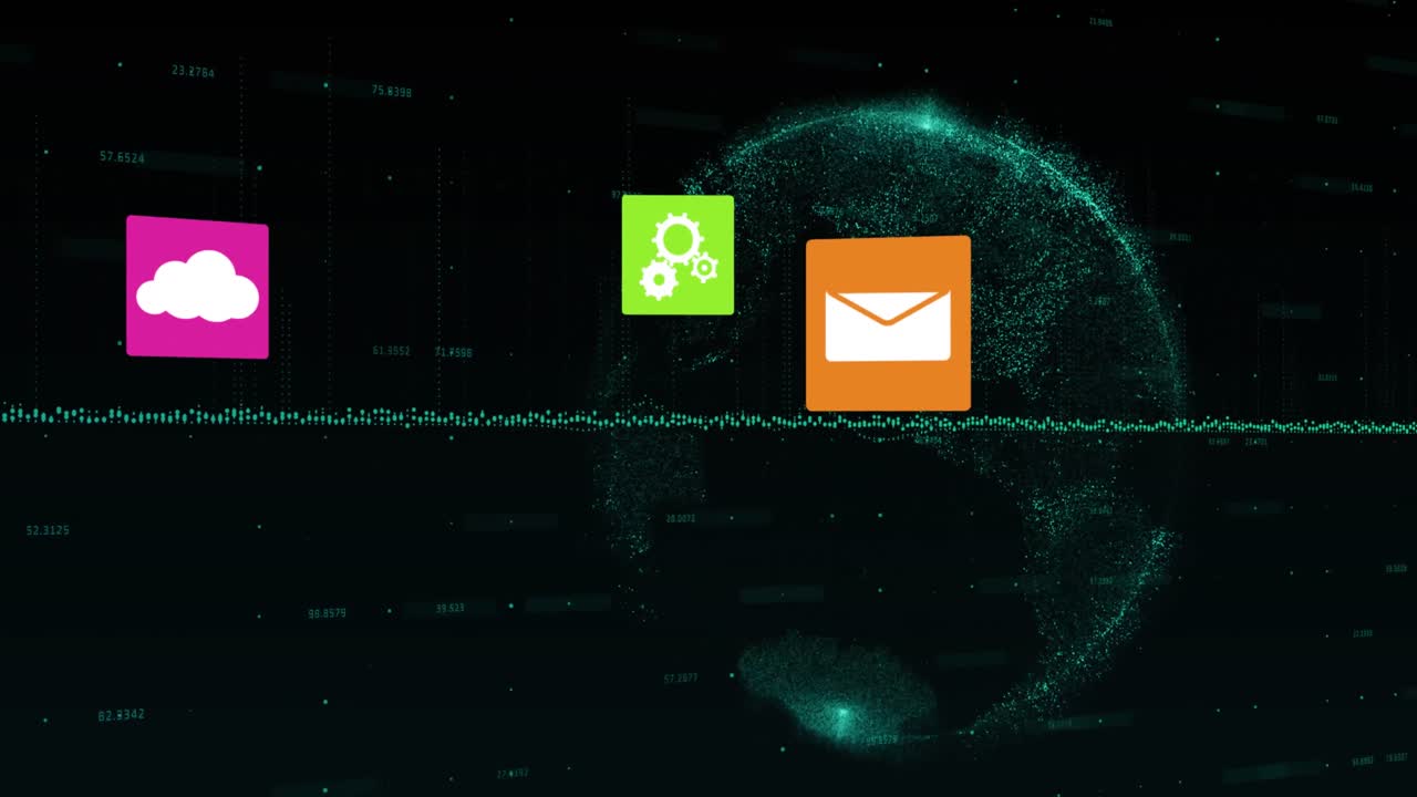 Animasjon av ikoner og databehandling over globus på svart bakgrunn