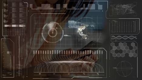 Using smartphone, person interacting with animation of futuristic digital interface graphs