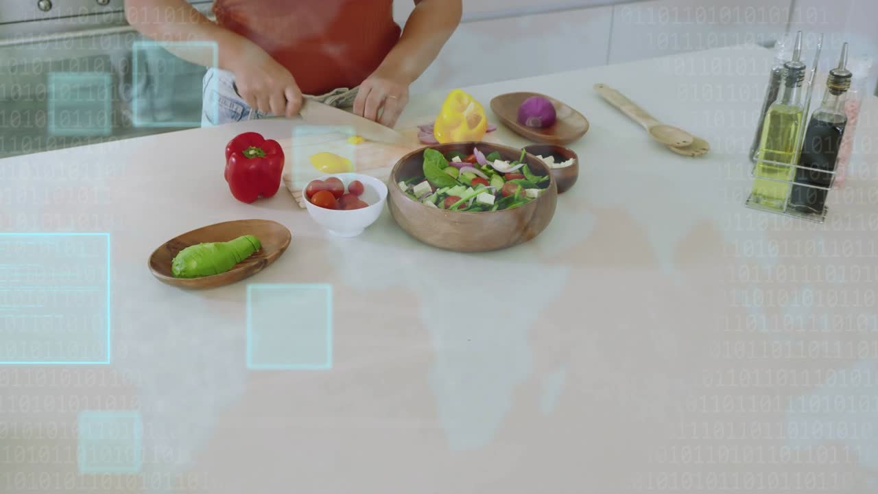 Woman chopping yellow pepper after hands entering, preparing salad for cooking, squares over hands
