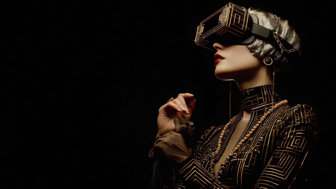 A Mystique Futuristic Figure Wearing Elaborate VR Headset Exudes Elegance and Intrigue with Striking Patterns and Accessories, Capturing the Essence of Modern Technology and Artistic Expression
