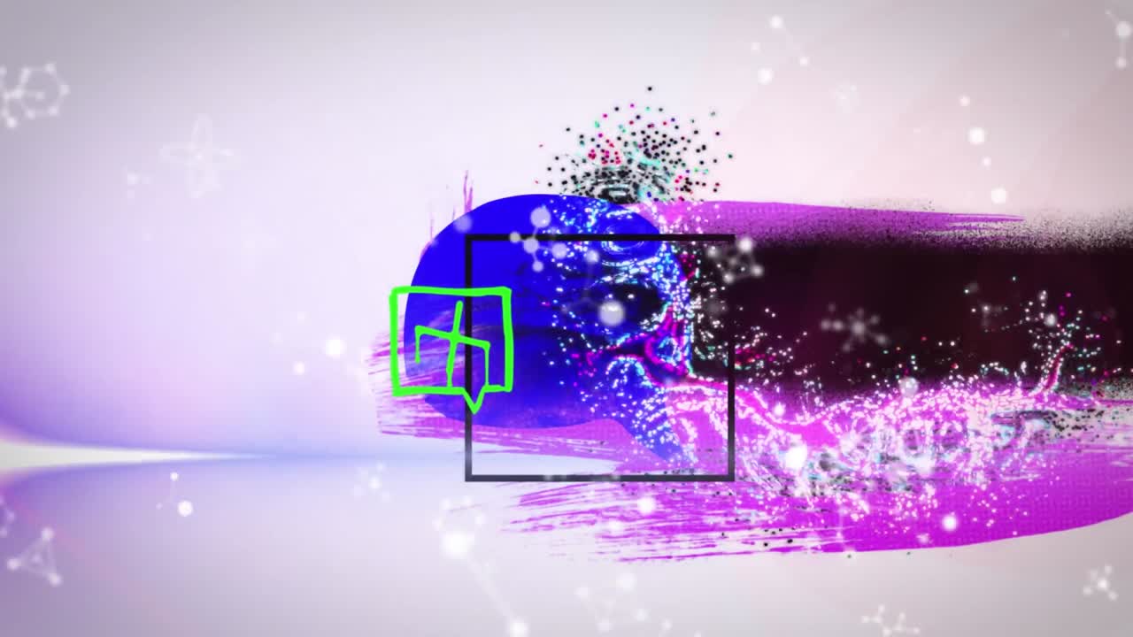 Animation of digital molecules moving around illuminated light against white background, copy space