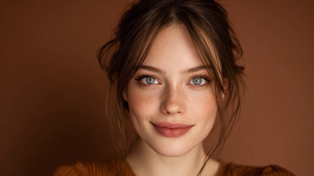 Ritratto Affascinante di una Giovane Donna con Lentiggini e Sfondo Marrone Caldo, Che Mostra Bellezza Naturale e un Sorriso Espressivo con Luce Soffusa.