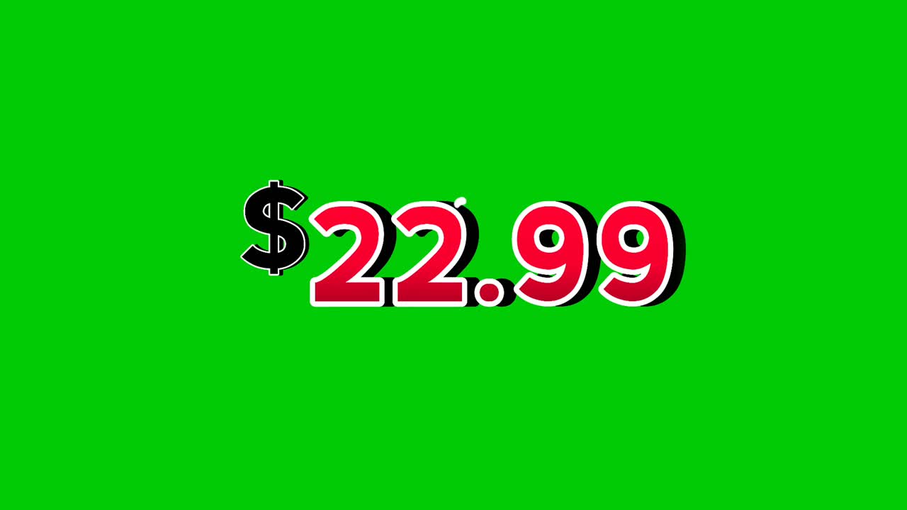 Dollars price tag $22.99 animation motion graphics in bold red numbers on green screen background with smoke effects.dollar symbol is displayed prominently perfect promotions, ads, banners, marketing