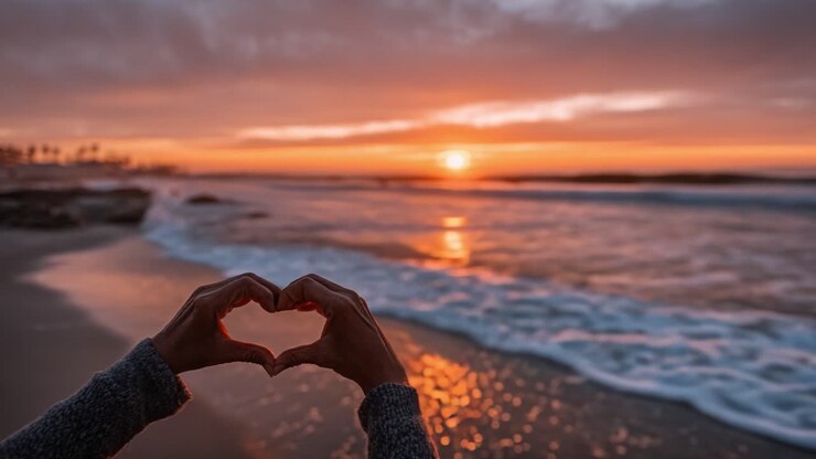 A Captivating Sunset Moment: Embracing Love at the Beach with a Heart-Shaped Gesture, Picture Perfect Serenity and Nature's Spectacular Colors