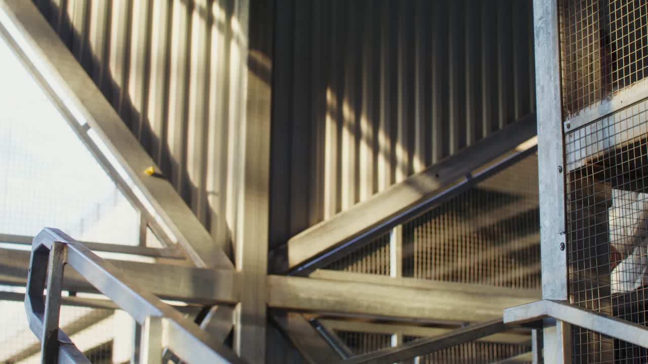 도시 환경 에서 계단 을 올라가는 젊은 남자