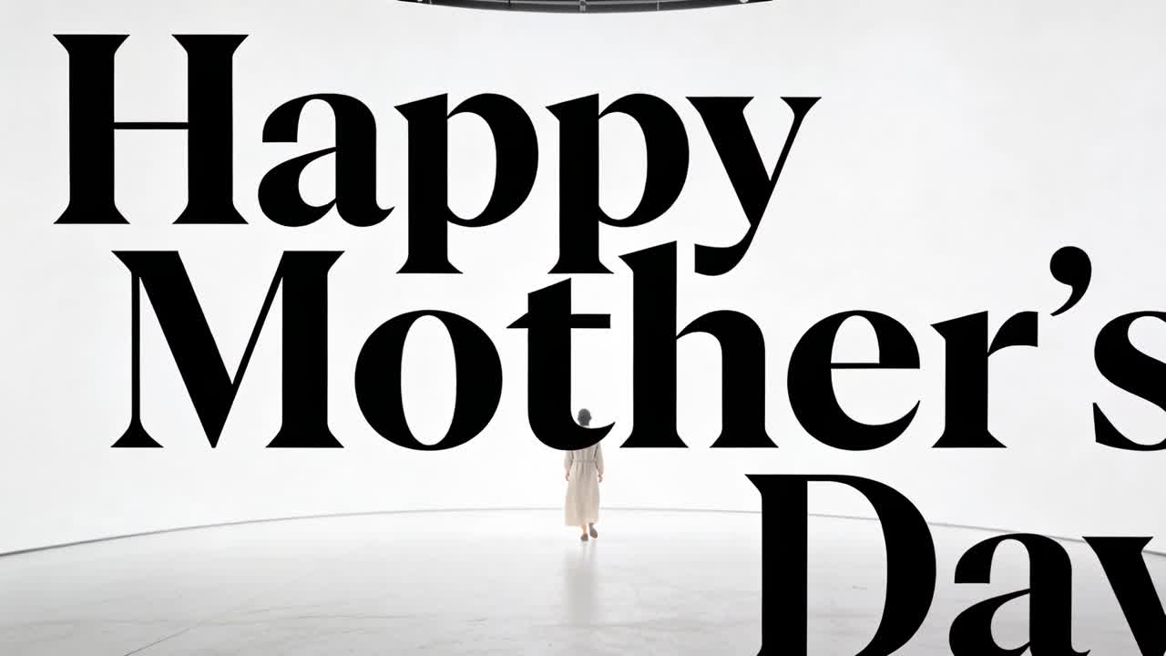 Walking woman in light dress toward curved backdrop under rig, Happy Mother's Day letters scaling