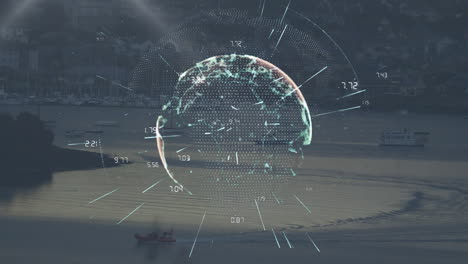 digital globe and data points animation over coastal town and boats