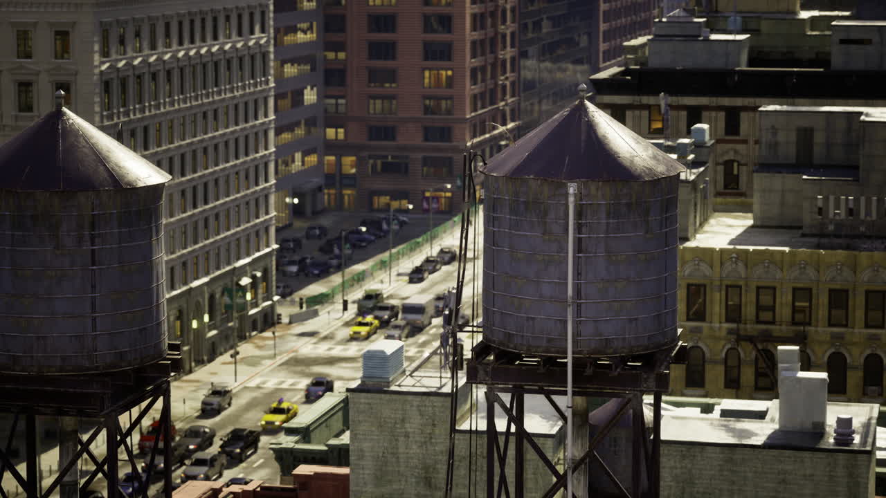 View of urban landscape featuring water towers and traffic on city streets
