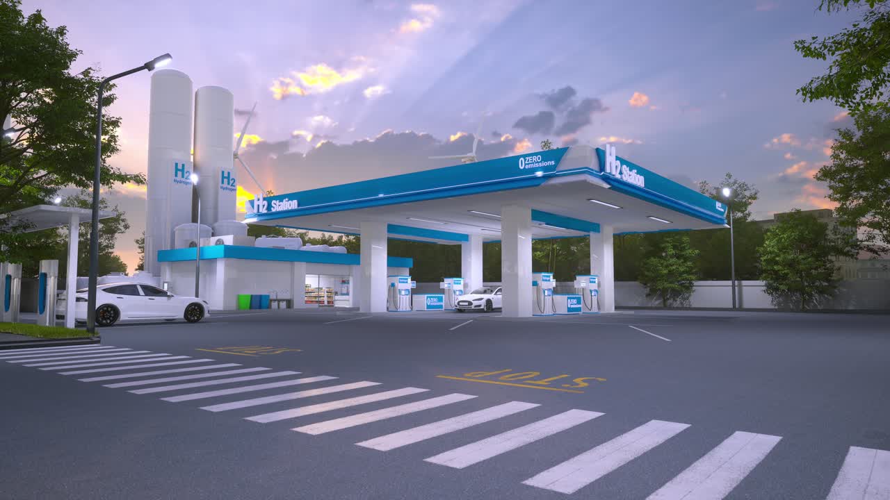 Moderna stazione di rifornimento di idrogeno con auto elettrica e turbine eoliche