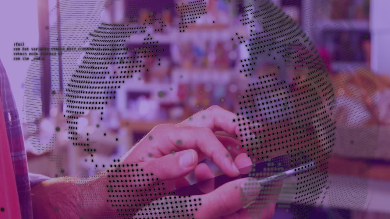 Animation of data processing with globe over caucasian man using smartphone