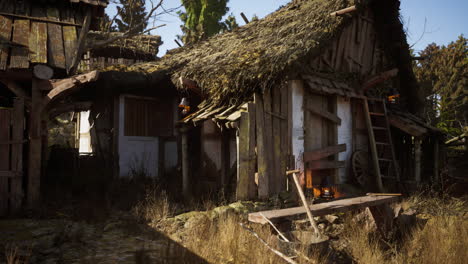 abandoned rustic cottage surrounded by overgrown vegetation in a forest
