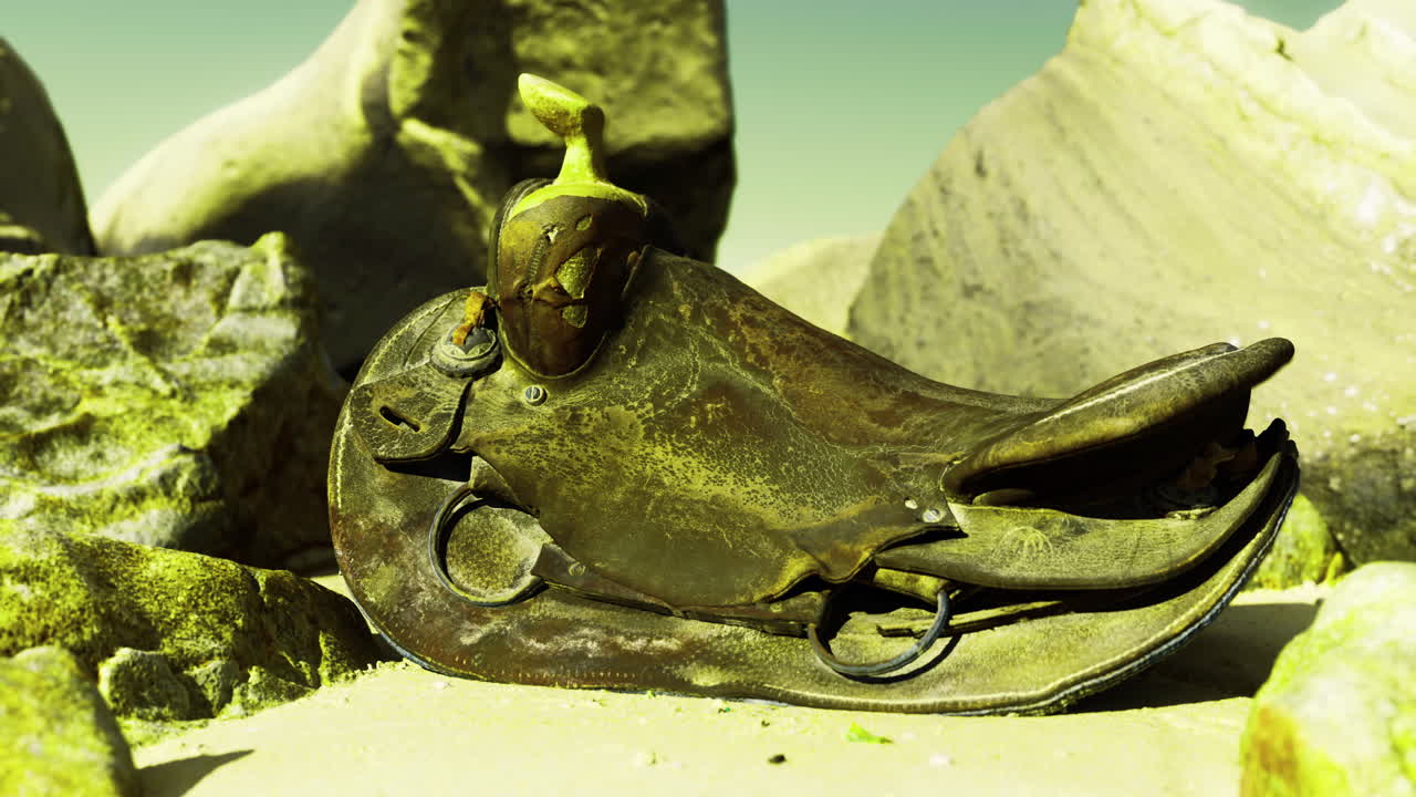 Old leather saddle resting on rocky beach amidst quiet landscape