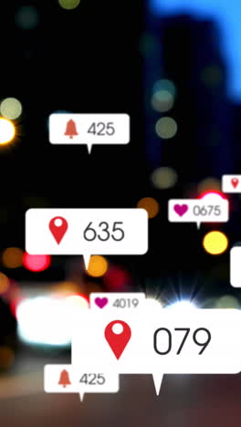 animación de iconos y números de redes sociales fuera de enfoque de la ciudad y los semáforos