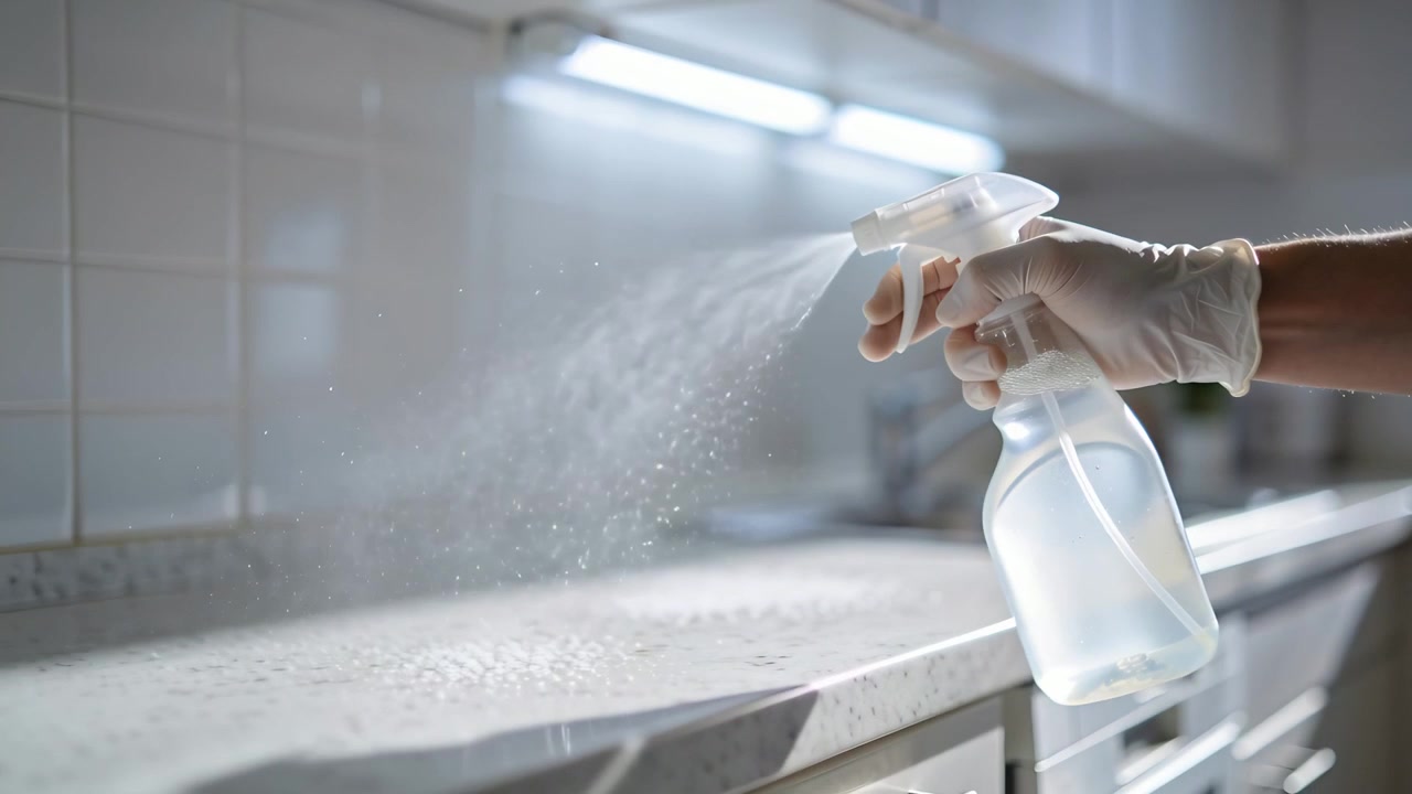Pushing gloved hand operating sprayer across kitchen counter under-cabinet for cleaning, copy space