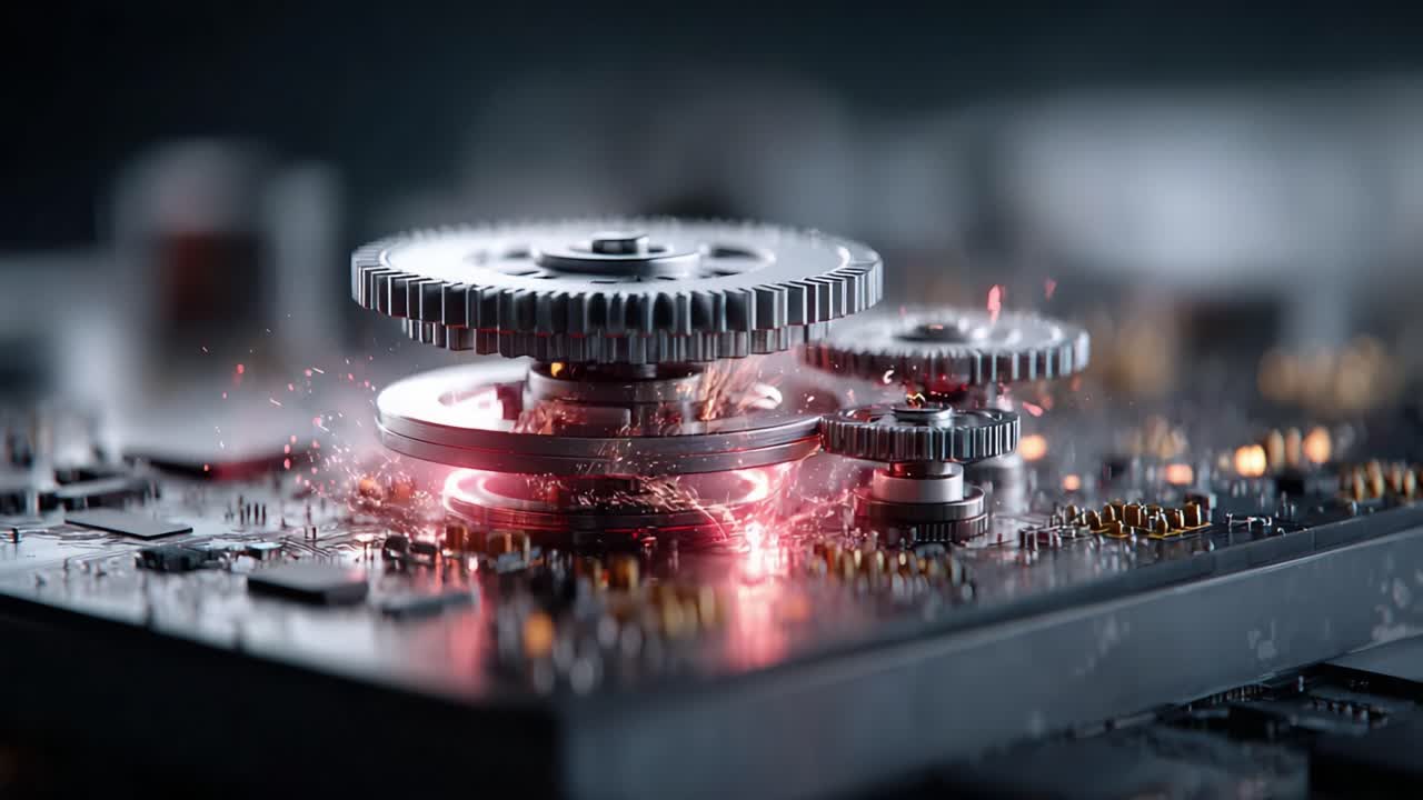 Dynamic Mechanisms: A Close-Up Exploration of Rotating Gears and Circuitry, Showcasing the Intricate Interplay of Technology and Engineering in Modern Machinery