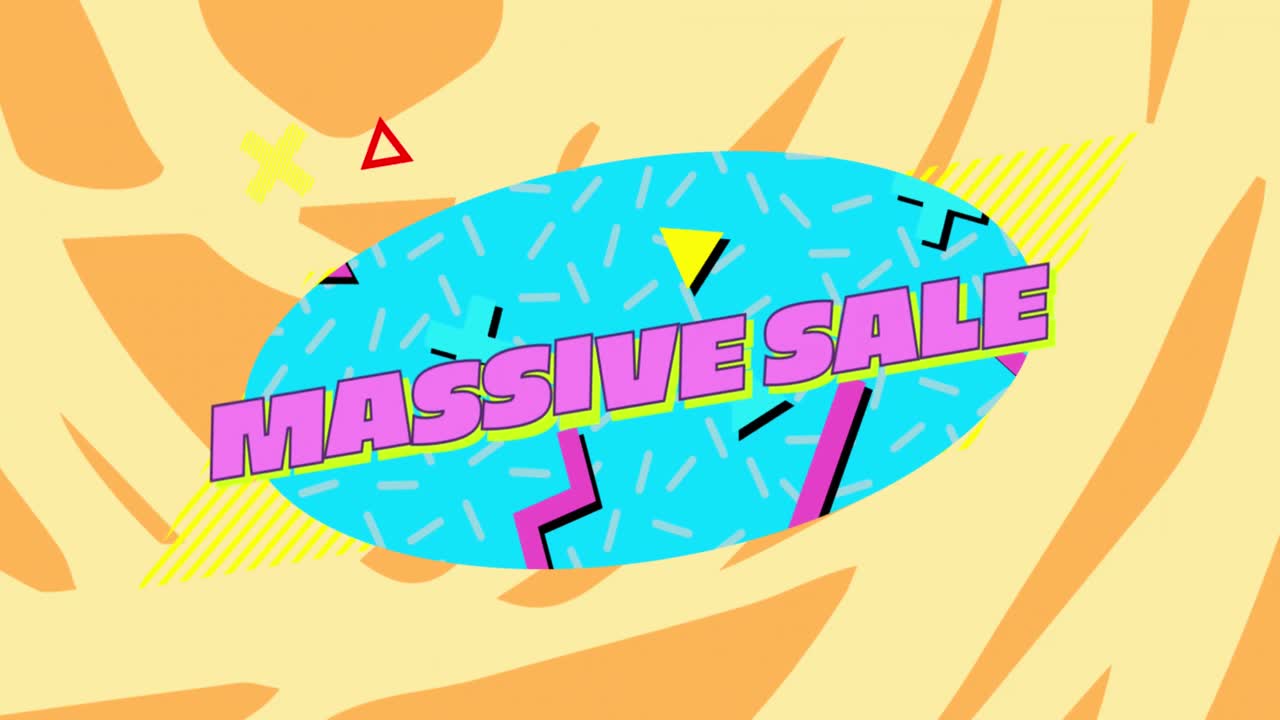 노란색과 갈색 패턴의 배경에 터키즈색 타원형의 대규모 판매 그래픽