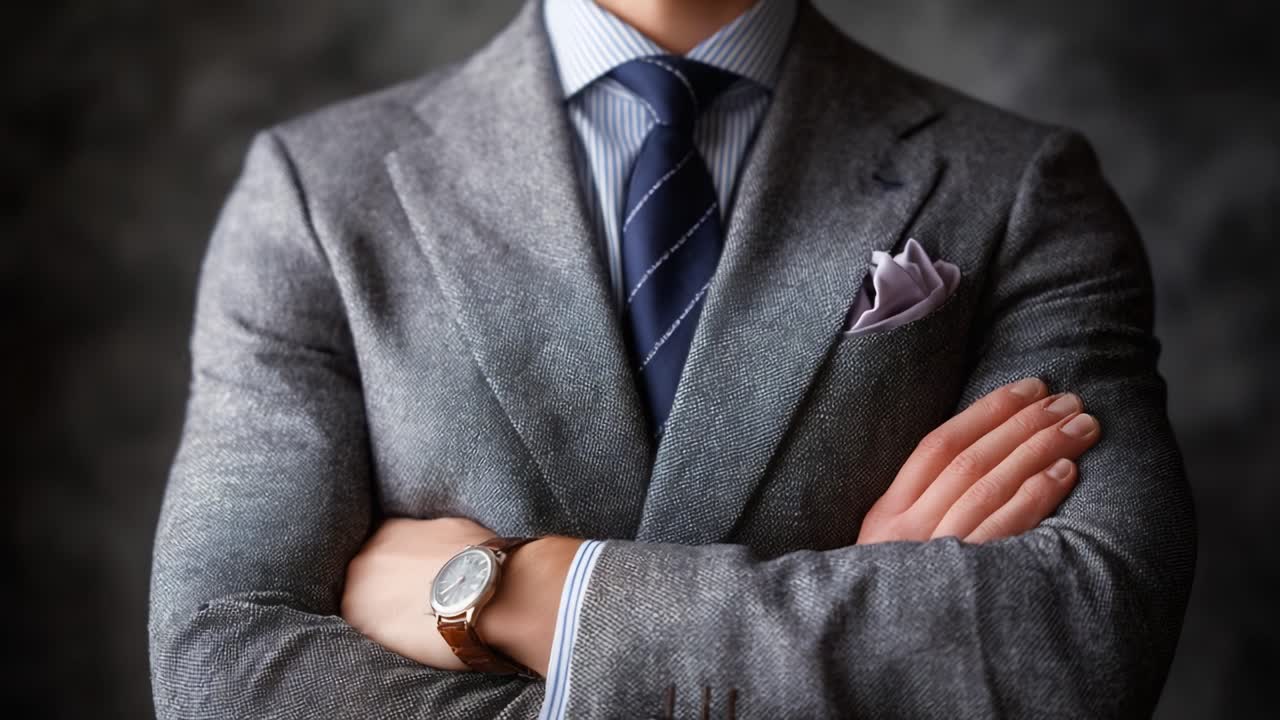 Portrait of a Stylish Man in Tailored Gray Suit with Elegant Accessories, Exuding Confidence and Sophistication through Classic Attire and Refined Details