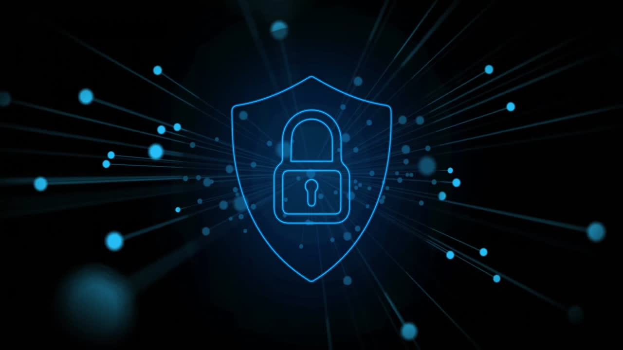 Lock and shield icon with rays and particles, cybersecurity animation