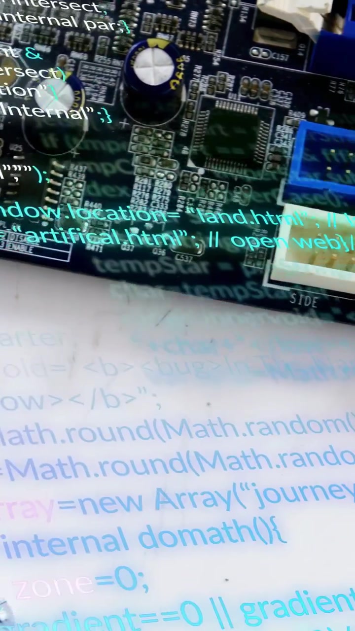 Vertical video: Turquoise code appearing, cam panning while PCB showing parts and mapping code