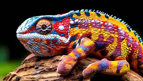 a colorful chameleon sitting on top of a tree branch