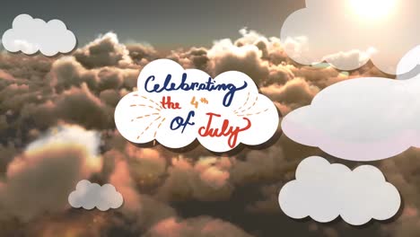 Animation-of-rocket-icon-with-celebrating-the-4th-of-july-text-over-sky-with-clouds