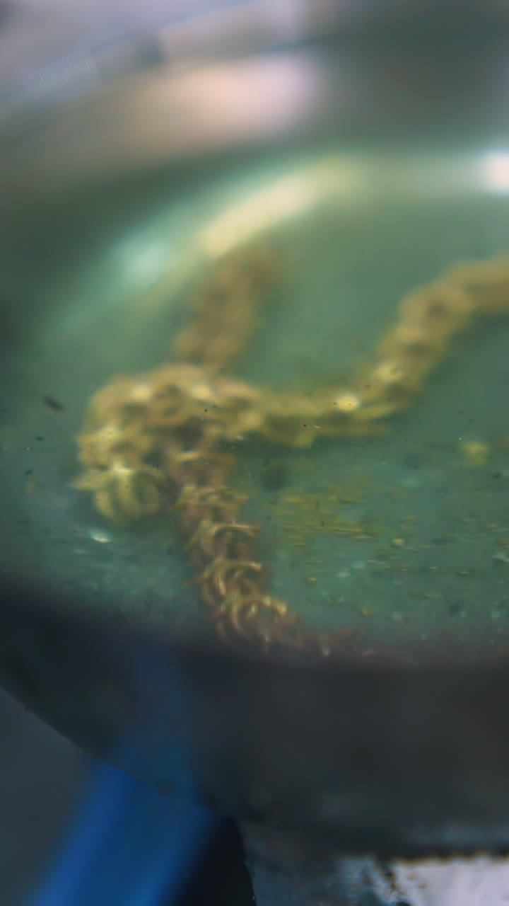 CU: boiling of gold metal chain in green liquid in small bowl on hot gas burner against blurred background closeup