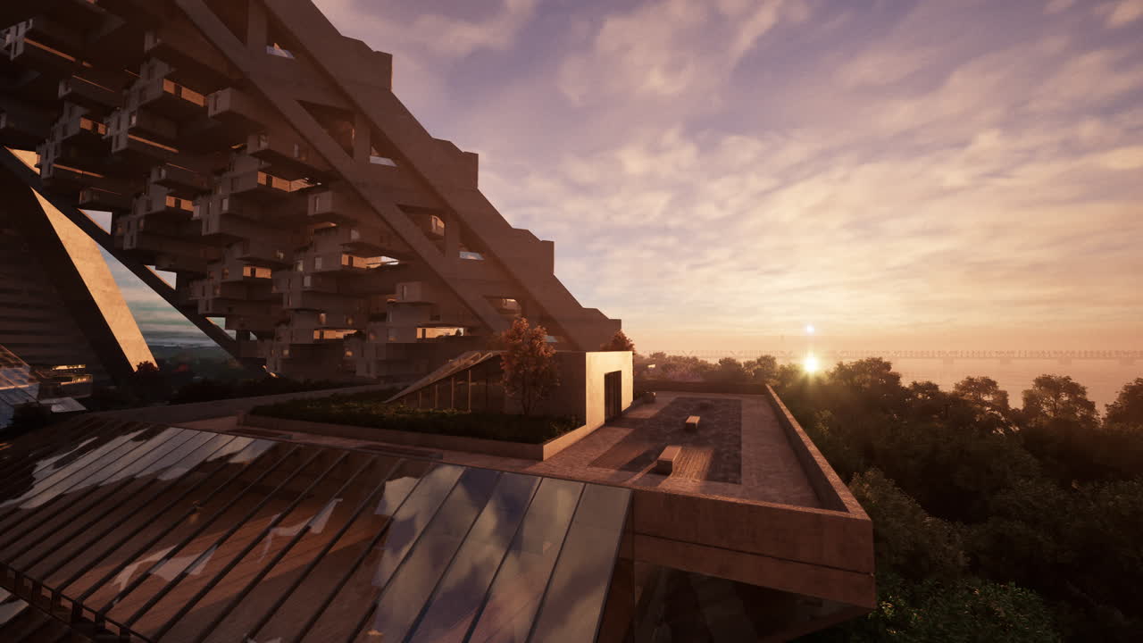 arquitectura de rascacielos futurista en un paisaje urbano de puesta de sol