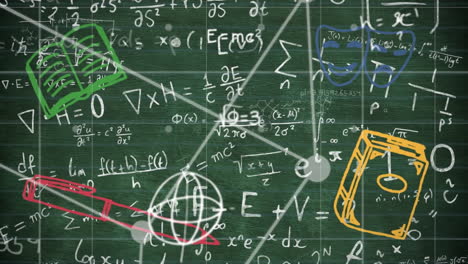 animación de ecuaciones matemáticas sobre los iconos de los artículos escolares.