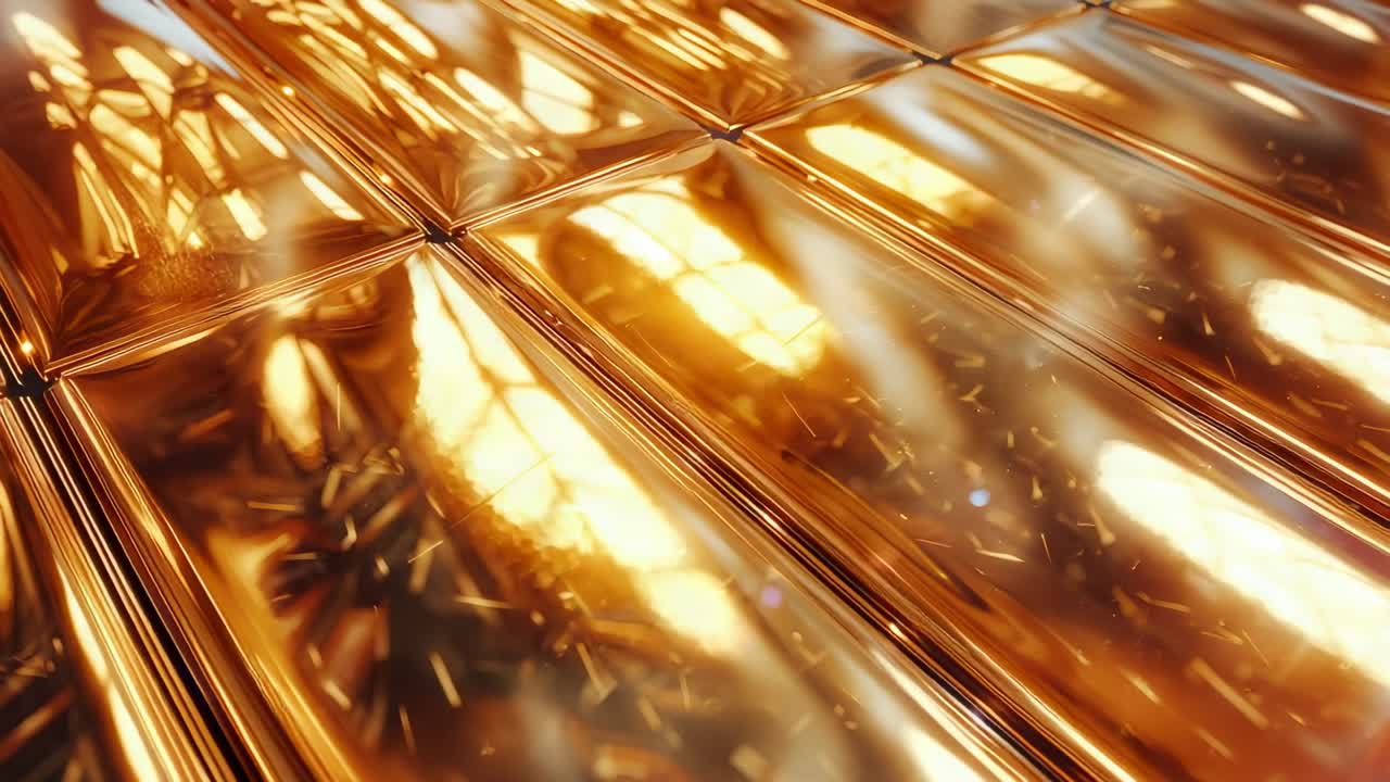 Panning camera revealing gold panels reflecting highlights in interior, with drifting particles