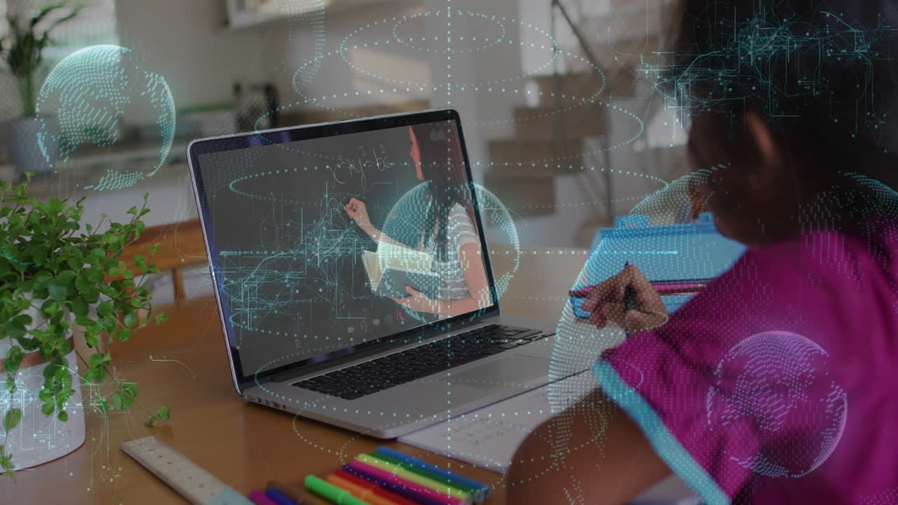 Writing kid in pink-blue after tutor pointing laptop at home table, with notes hologram, copy space