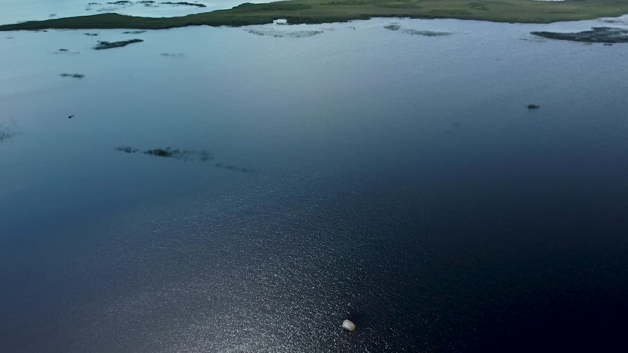 고요한 여름날 고요한 호수 표면 위의 공중 비행, 광각 고고도 드론 샷, 카메라 기울기