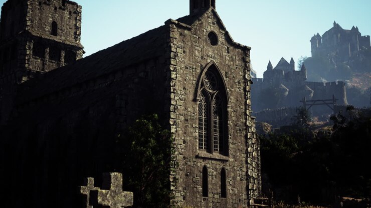Paesaggio con chiesa e castello medievali