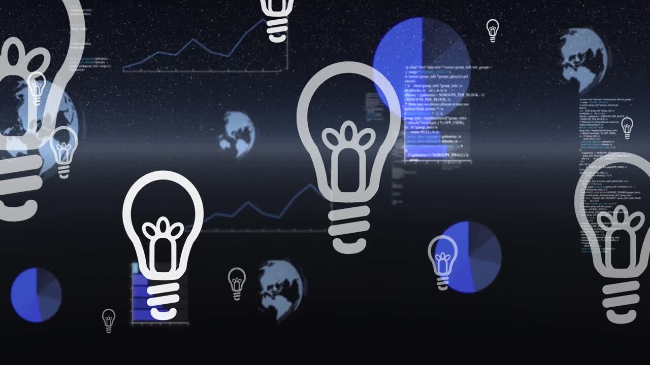 블랙 스페이스에서 떠다니는 전구, 그래프 및 데이터 처리 애니메이션