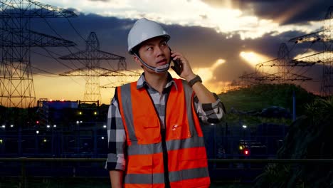 ingeniero masculino asiático con casco de seguridad hablando en teléfono inteligente mientras está de pie cerca de la torre de alto voltaje
