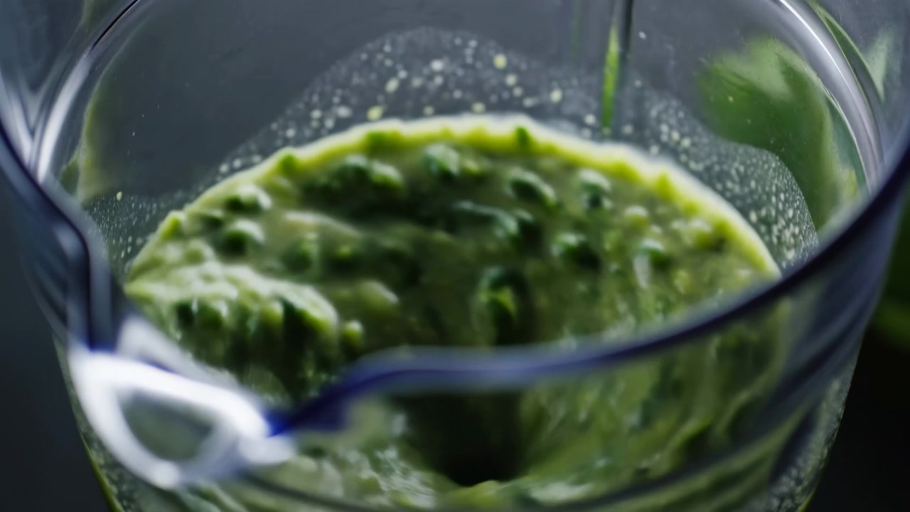 Primo piano dall'alto di una brocca di vetro trasparente parzialmente riempita con una densa purea verde frullata, con superficie vorticosa, piccole bolle, beccuccio curvo, bordo arrotolato e riflessi tenui in una cucina studio pulita.