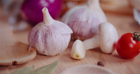 fresh food ingredients on wooden table in kitchen 15