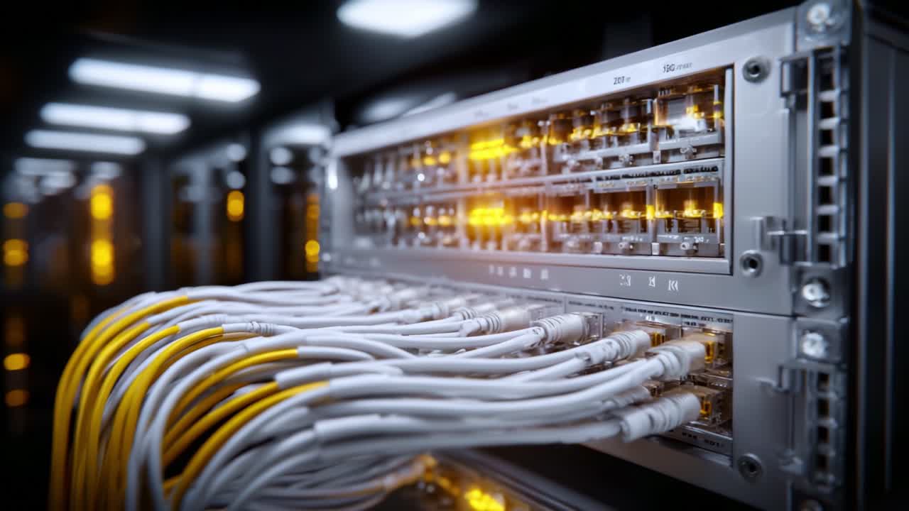 High-Performance Network Switch with Illuminated Indicators and Connected Cables in a Modern Data Center Environment During Operational Setup and Connectivity Management