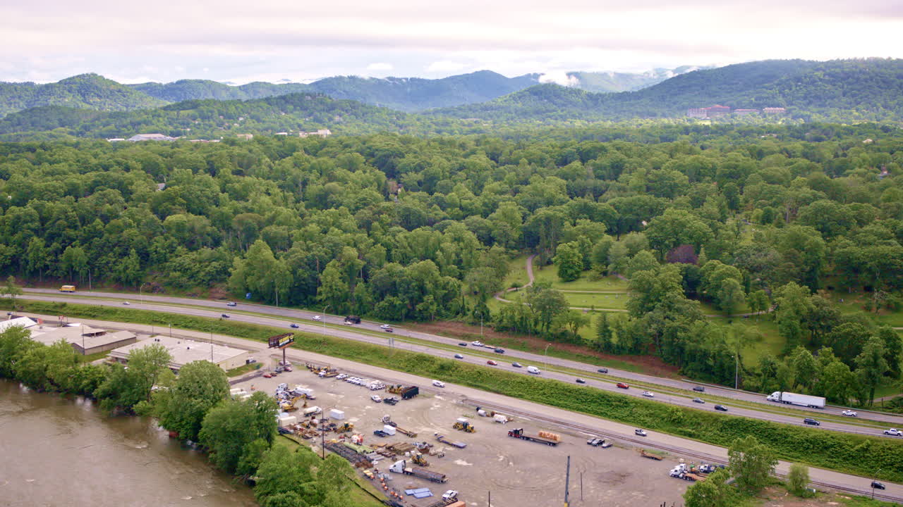 Aerial footage slowly circling Asheville’s downtown skyline