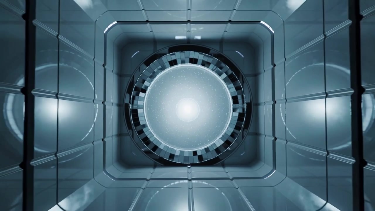 Pulsing core glowing orb after surge, camera zooming out showing ring, particles and steel chamber